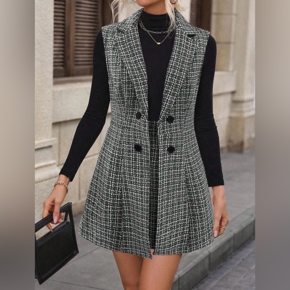 NewWomen's Black & White Plaid Collar Double-Breasted Jacket & Skirt Set Size XL - Picture 2 of 16